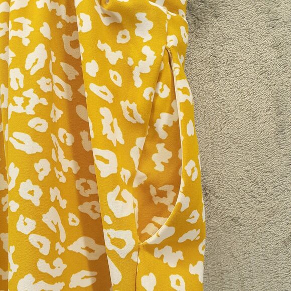 Blu Pepper Jumpsuit Mustard Yellow Print Tie Front Pockets Size L Sleeveless - Picture 7 of 11